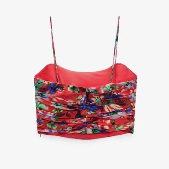 Zara Ruffle Crop Top Draped Red Floral‎ Large Shirt - Picture 4 of 13